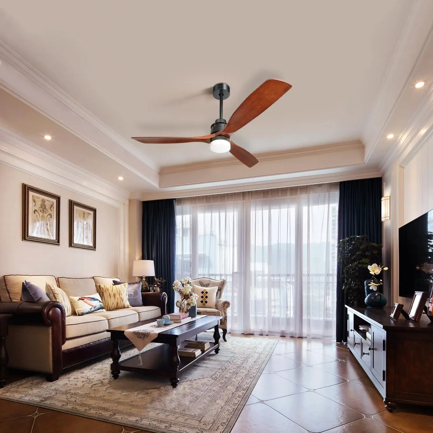 Hot wholesale Indoor 15w light home use motor 6 speeds wood blade ceiling fan with led light