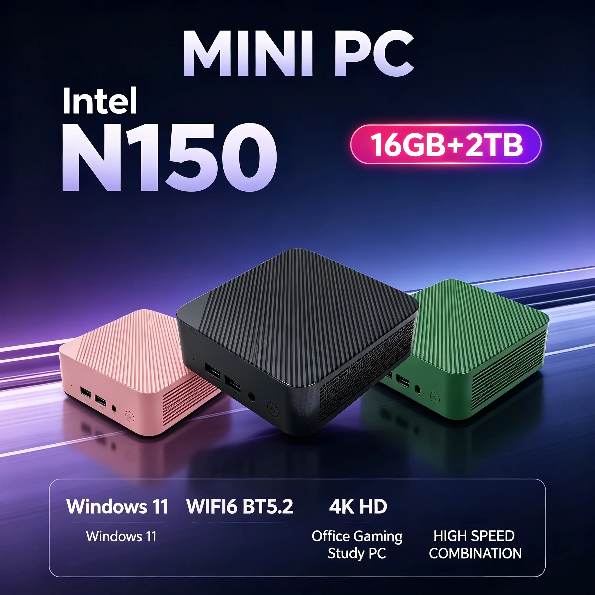 Mini PC Gamer Desktop Host Intel N150 Windows11 16GB RAM Optional 1TB/2TB M.2 SSD WiFi 6 BT5.2 Portable PC for Daily Home Office