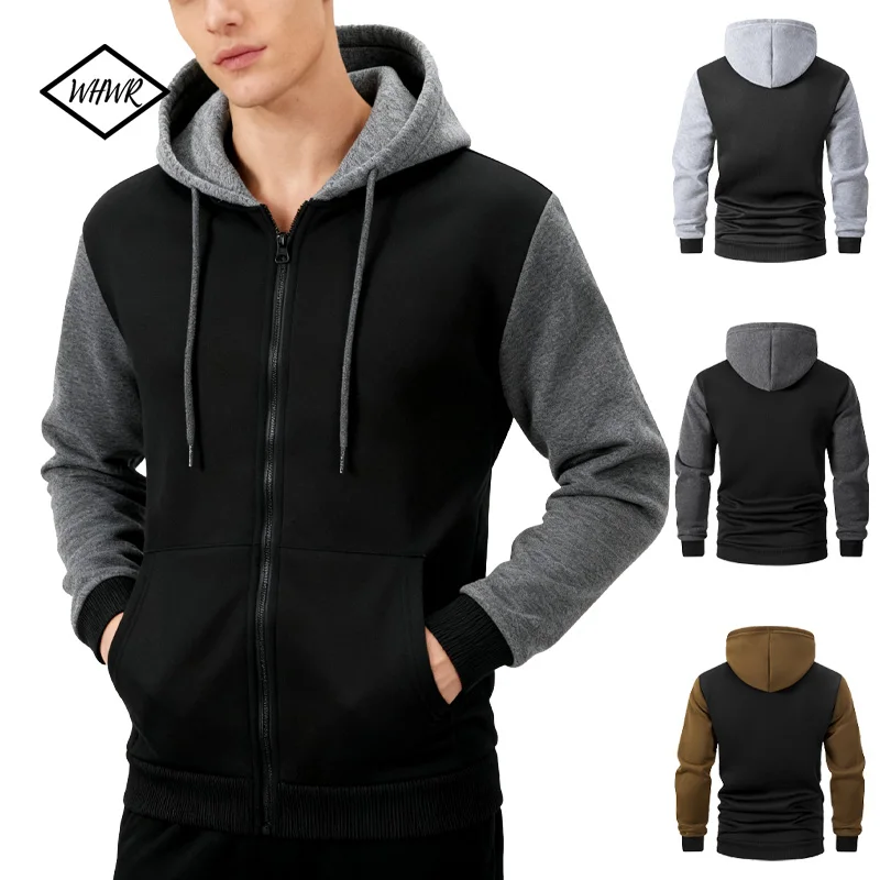 

Autumn Winter Men's Color Blocking Hoodies Full Zipper Closure Long Sleeve Jacket Male Loose Casual Sports Pockets Sweatshirt