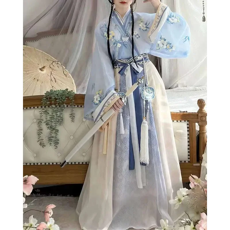 Женское платье Hanfu в старинном стиле, женское фотоплатье 2024, летнее синее и белое платье Hanfu, фотосессия XL