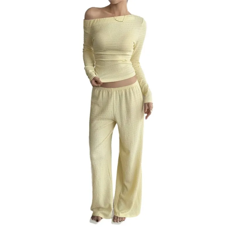 Casual Home Women's Two-piece Fashionable Solid Color Sloped Collar Long-sleeved Slim Top Paired With Loose Wide-leg Pants Suit