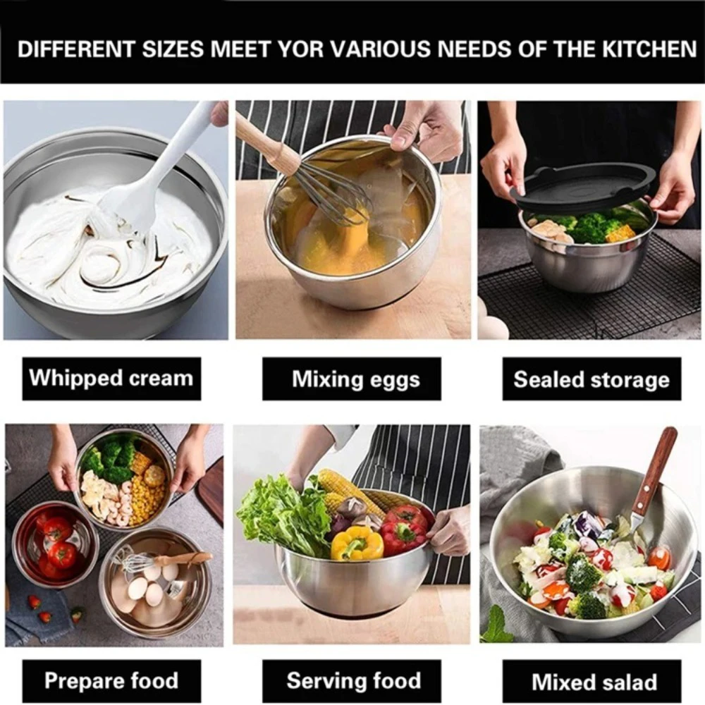 New Stainless Steel Mixing Bowls Non Slip Bases Baking Nesting Salad Bowl Silicone Bottom With Lids Storage Bowls