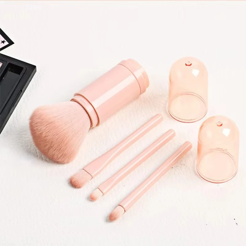 4in1 Travel Makeup Brushes Set Retractable Kabuki Brush and 3 Small Brushes For Eye With Soft Bistles Small Portable For Touchup