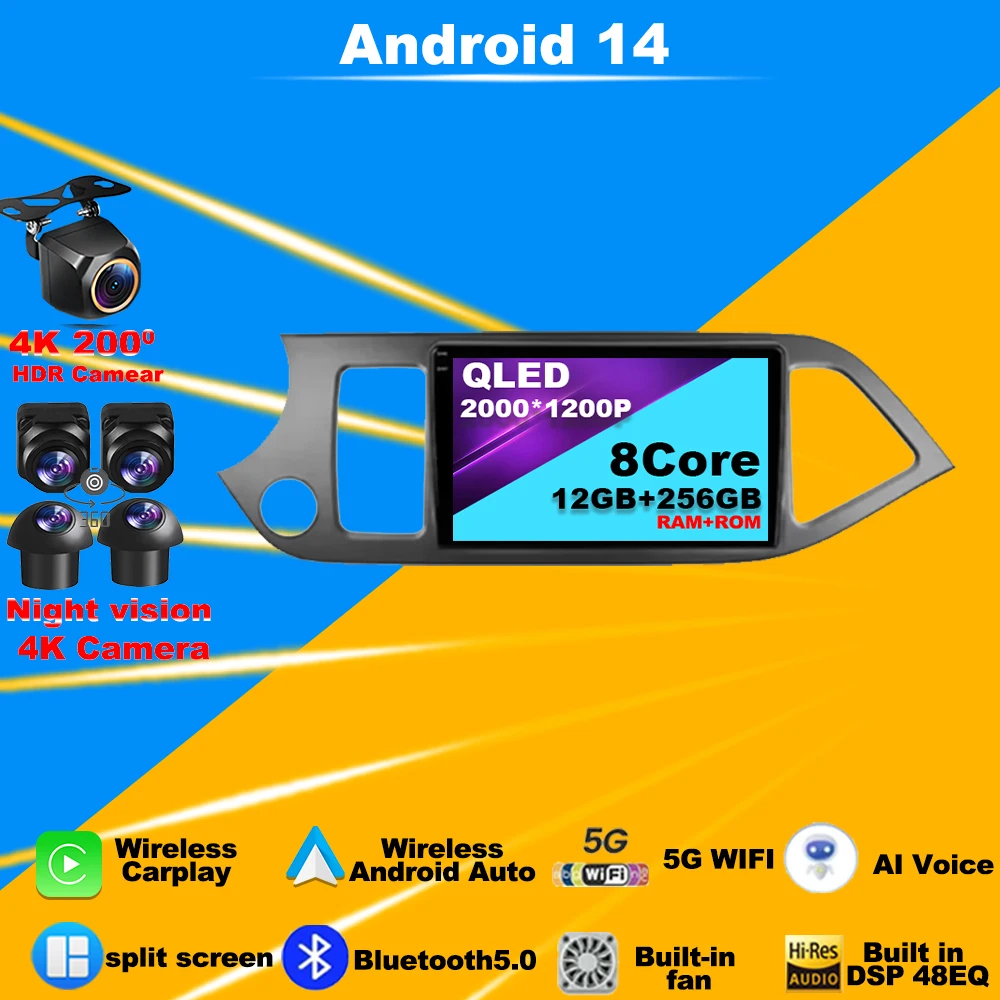 

Android 14 Car Radio For Kia Morning 2 picanto 2011 - 2017 Multimedia Navigation Player GPS Stereo DVD Bluetooth 4G WiFi 2din