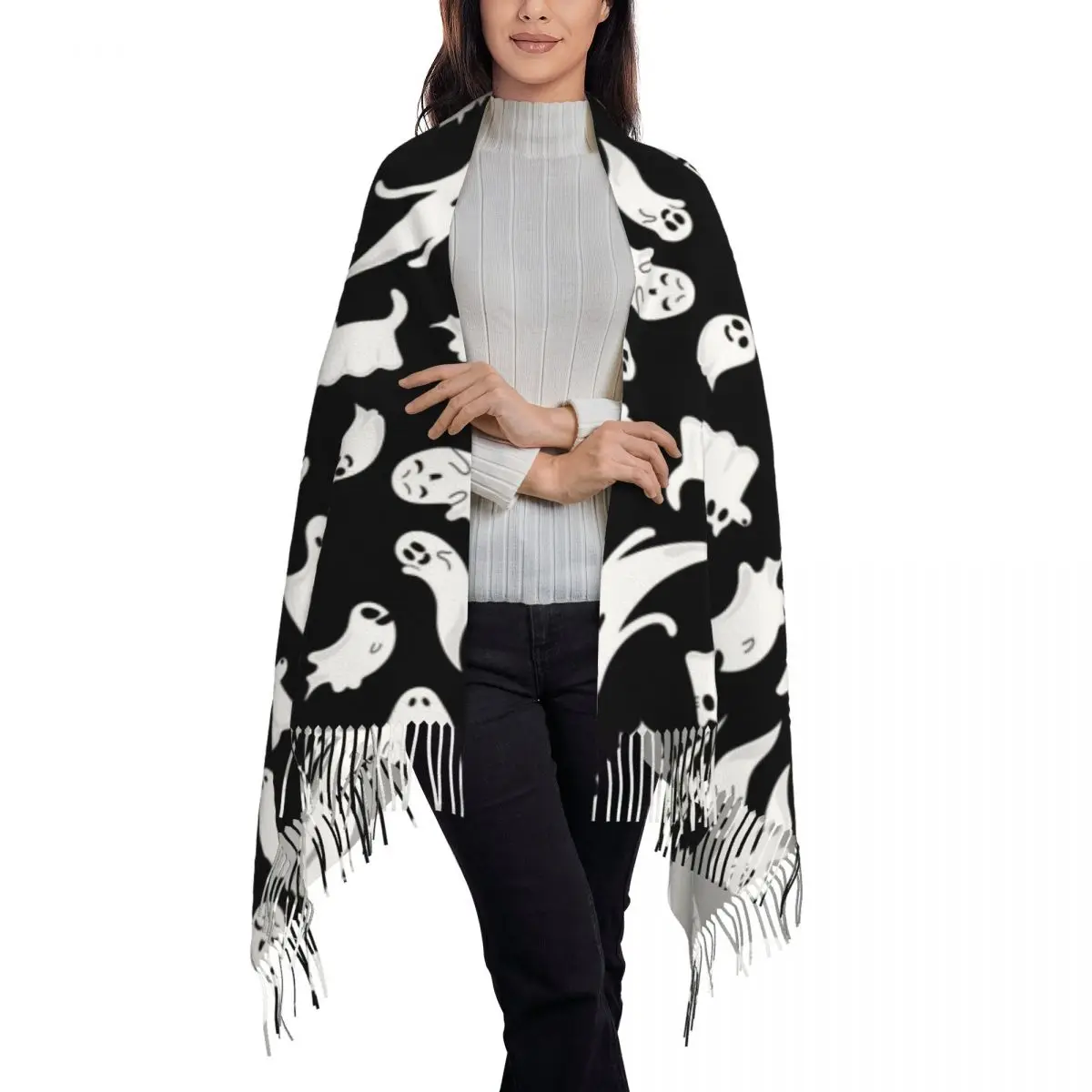 Spooky Ghost Halloween Cartoon Pattern Scarf Tassel Scarves for Women Soft Warm Shawls and Wraps Long Fall Winter Shawl Wrap