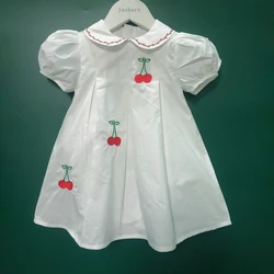 Children Boutique Clothing Girls Puff Sleeves A-line White Cotton Skirt Cherry Embroidery Cute Outfit