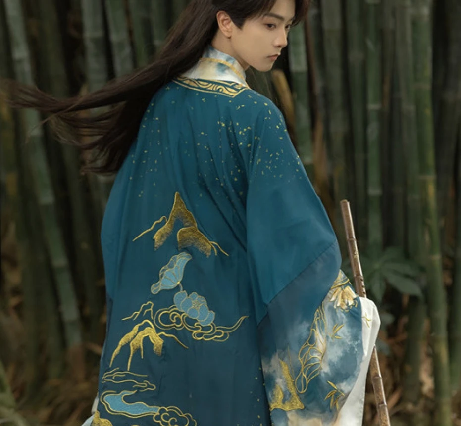 Hanfu gris estampado para hombre Wei Jin vintage, manga grande, exquisito bordado, ropa de rendimiento diario, vestido tradicional chino