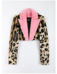 Women's Faux Fur Coat Leopard Print Splicing Personality Fashion Short Faux Fur Coat Women