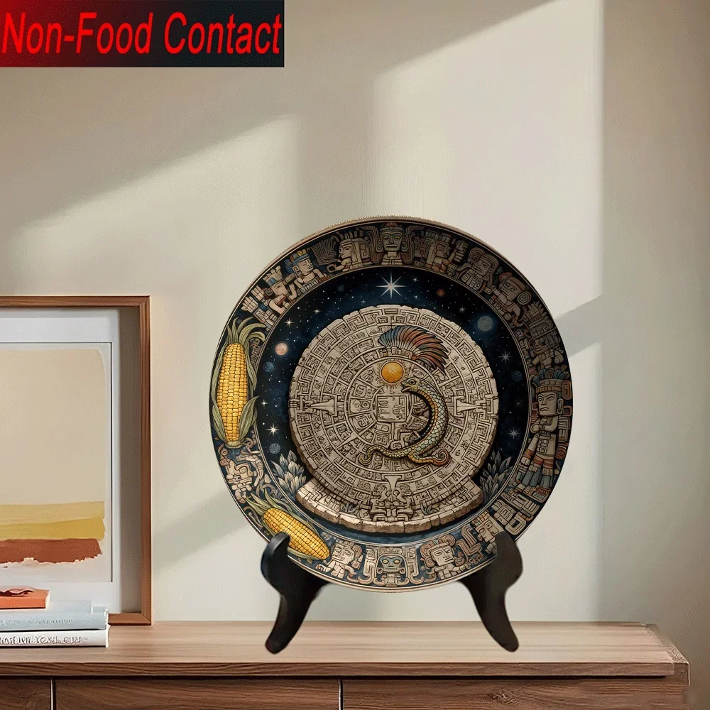 1pc Ceramic Aztec/Mayan Feathered Serpent & Sun God Calendar Plate - Round Non- Decorative Art Piece, Mexican Cultural Home