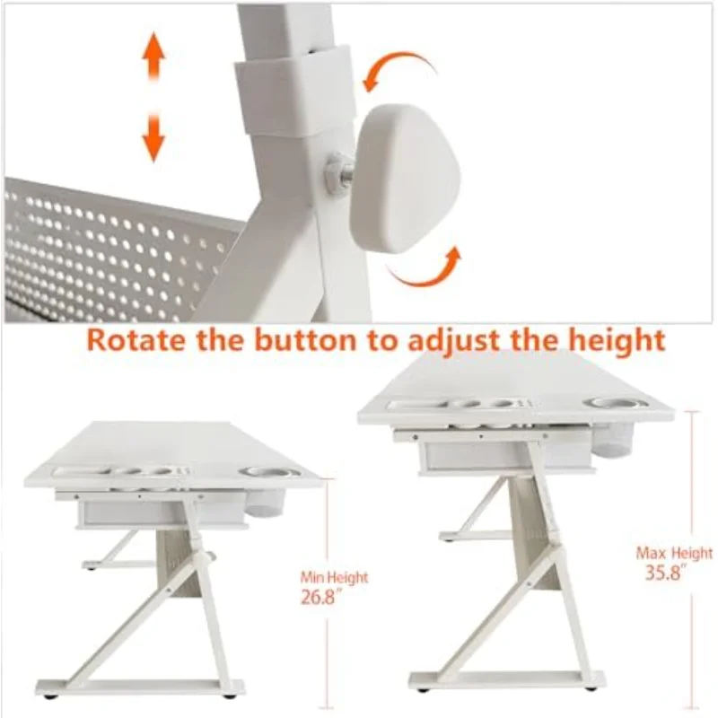 Drafting Table with 2 Storage Drawers & Stool for Adult Teen, All White | 0-75° Lockable Tilt Angle, 26.77