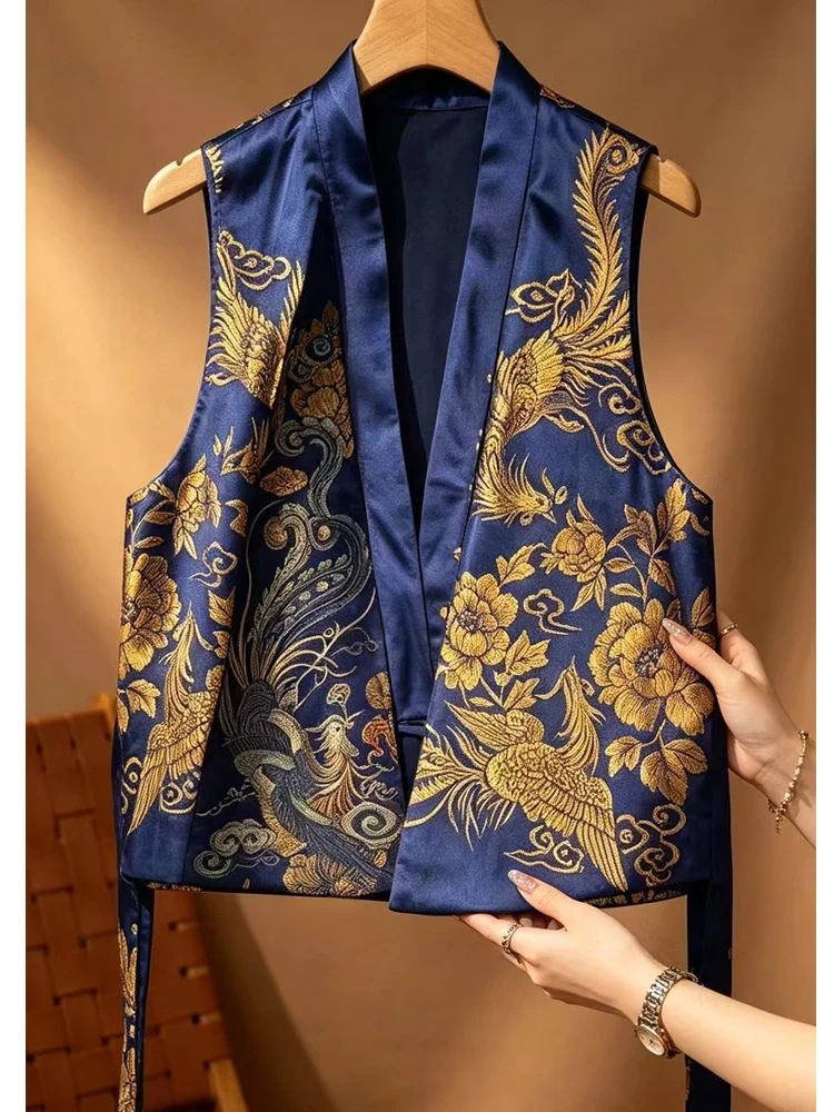 Spring And Autumn New Exclusive Design V-Neck Old Satin Fabric Hidden Buckle+Belt Unique Elegant Women's Vest M-L
