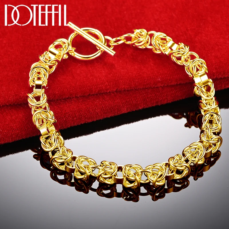 DOTEFFIL 925 Sterling Silver 24K Gold Interlocking Circle Chain Bracelet For Woman Charm Wedding Engagement Fashion Jewelry