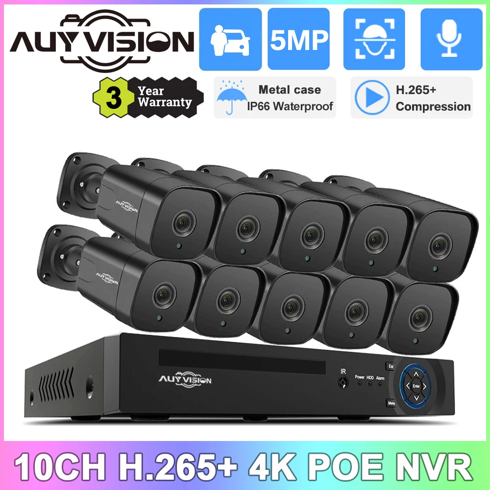 5MP CCTV Video Surveillance Kit 10CH POE NVR Outdoor Audio IP66 Waterproof POE Cameras Security Camera System Set