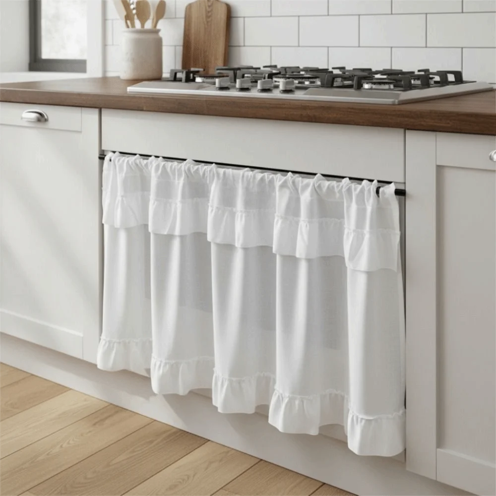 American Pastoral Style Ruffled Edge Kitchen Cabinet Short Curtain Light-blocking Decorative Kitchen Oven Curtain