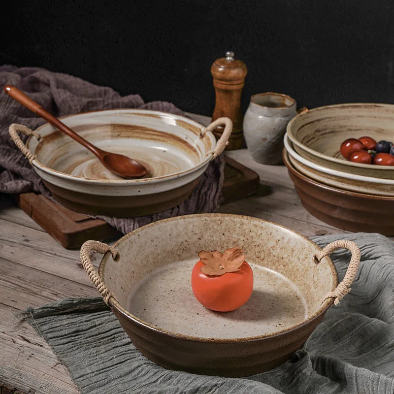Japanese rustic pottery rope handle large deep soup plate retro tableware for home
