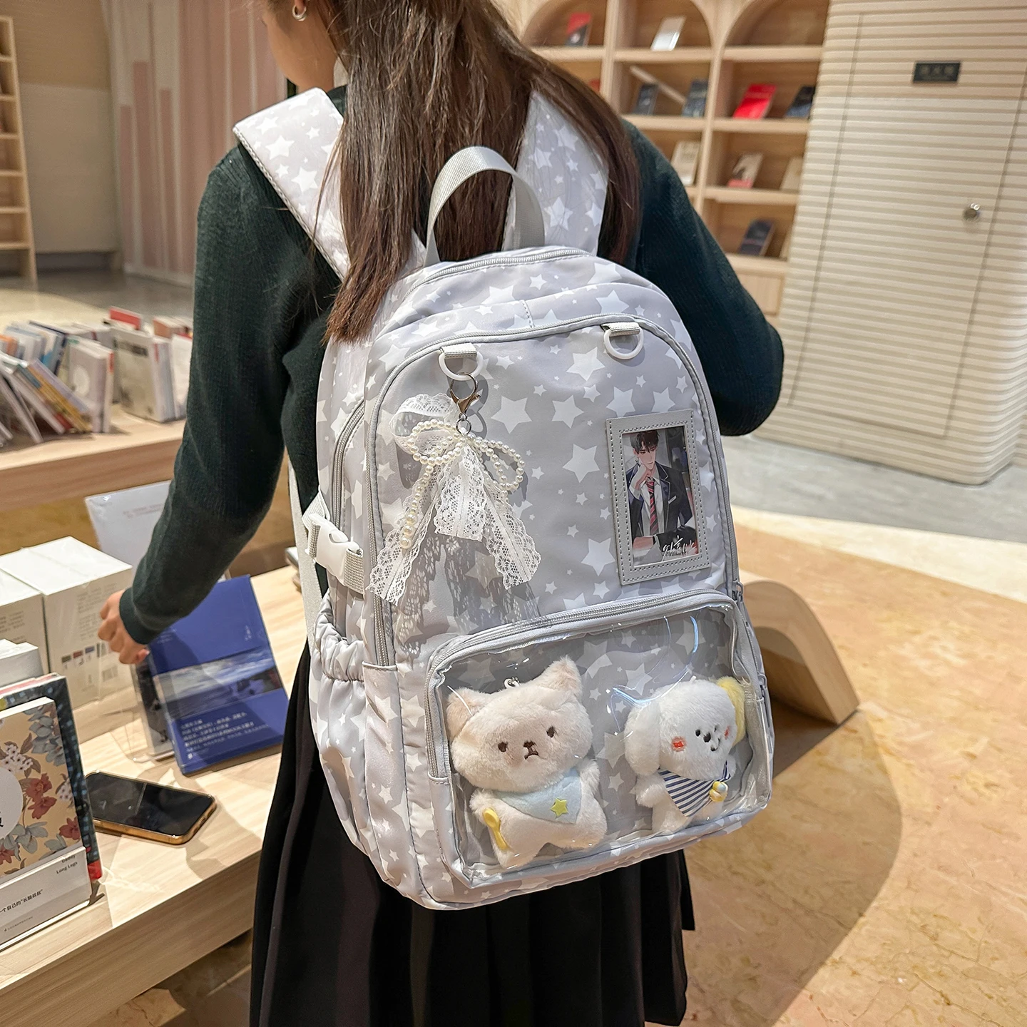 Women's Star Print Backpack Clear Display Pockets Lace Bow Charm Adjustable Strap Casual Daily Itabag School Bag 2026 view 4
