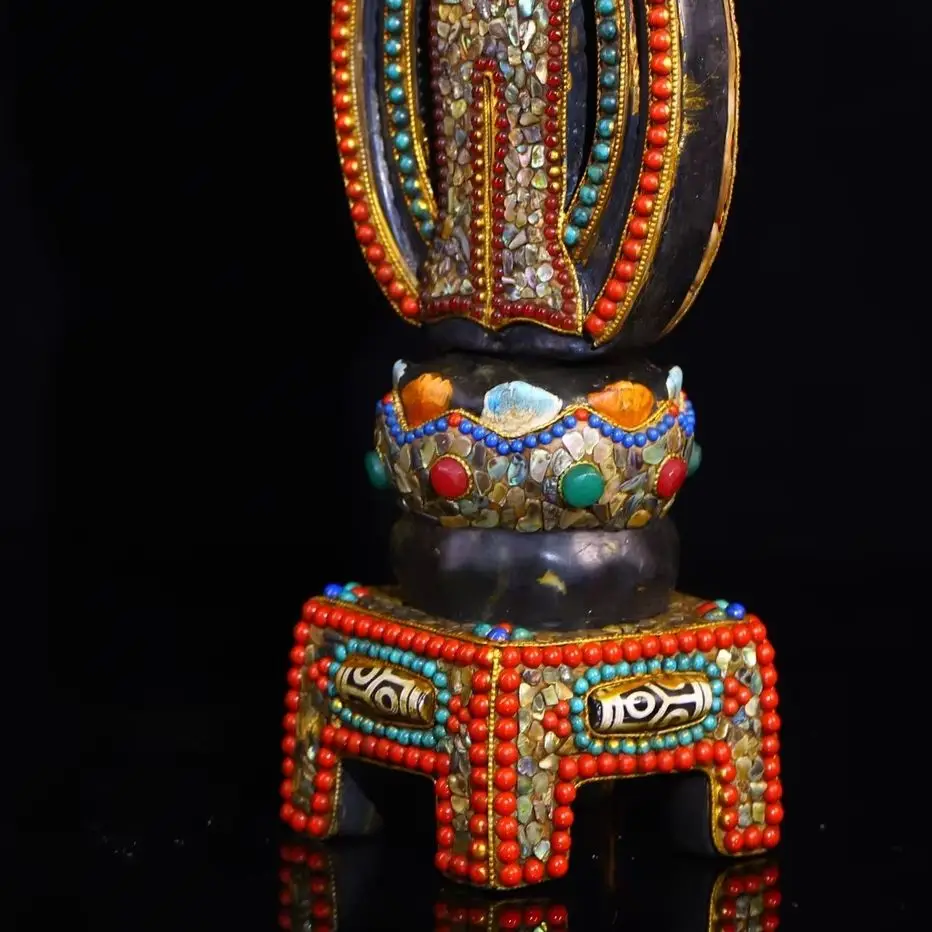 Xizang Folk Collection Old Natural Meteorite Filigree Mosaic Gem gZi Beads  Guanyin Bodhisattva Standing Buddha Town House