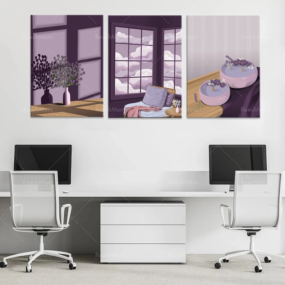 Purple theme sky and lavender clouds, lavender candles, purple bouquet aesthetic poster, window view, chaise longue painting