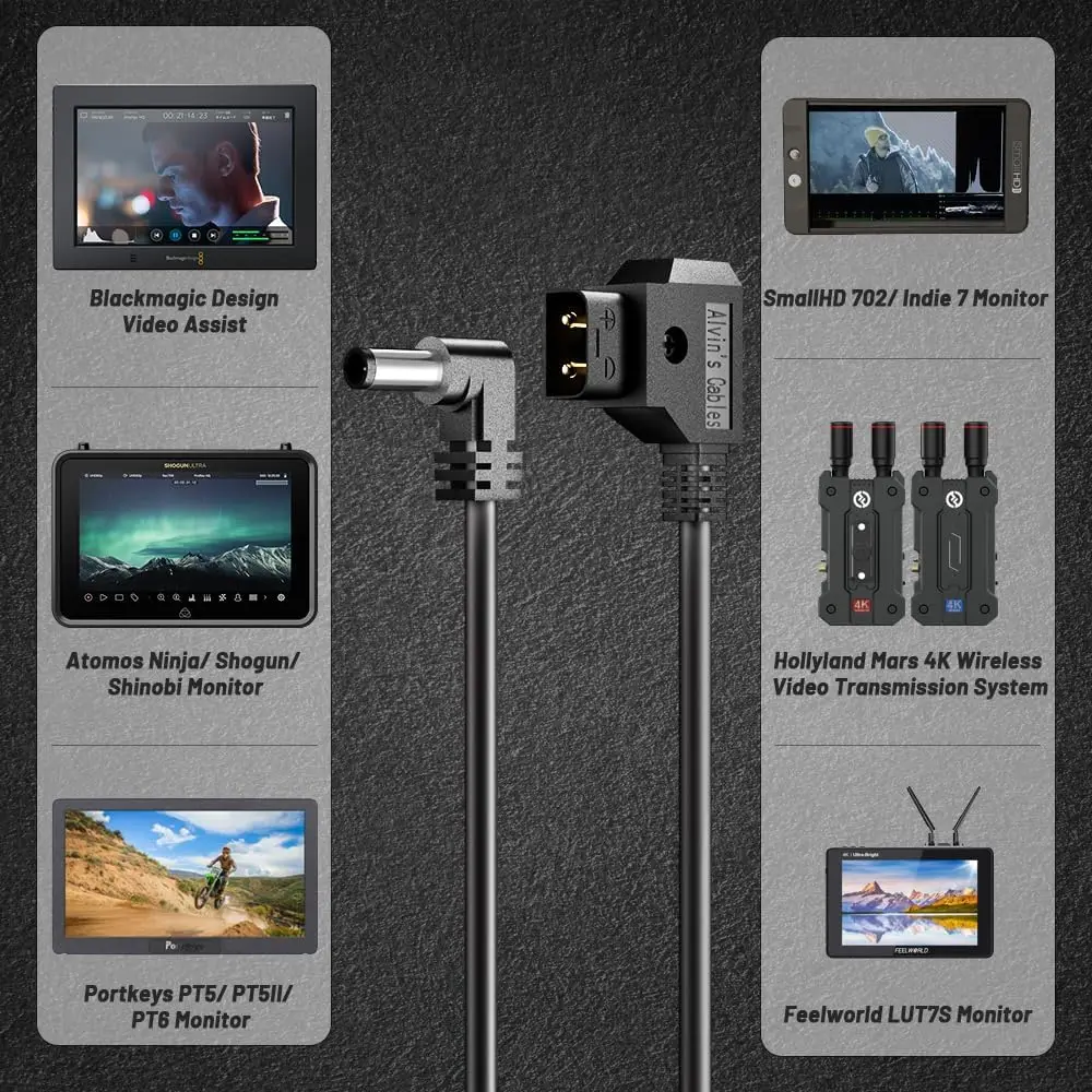 ​​Alvin's Cables DTap to 12V DC 2.1mm Right Angle Cable with Protective Housing for Blackmagic Video Assist, Atomos Shogun