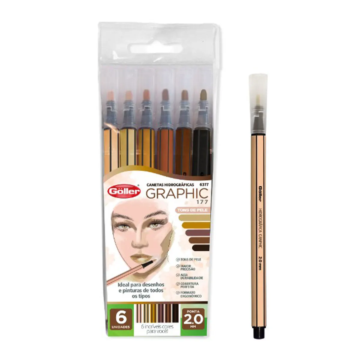 2.0mm Skin Tones Graphic Hydrographic Pen 6 Colors