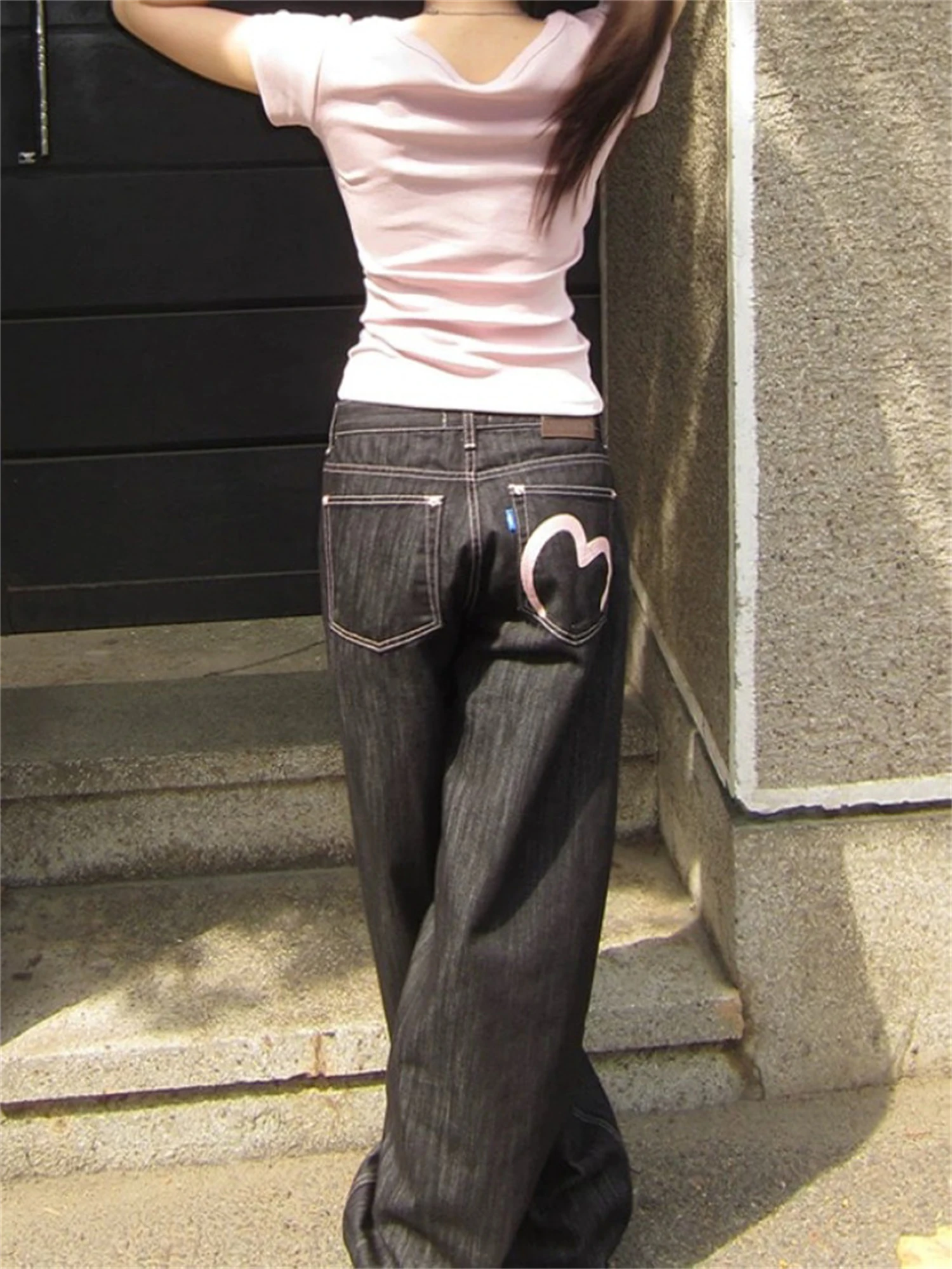 Women's Dark Gray Vintage Wash Oversized Wide Leg Denim Jeans Pink Heart Pocket Y2K Sweet Cool Streetwear Ladies Casual Pants