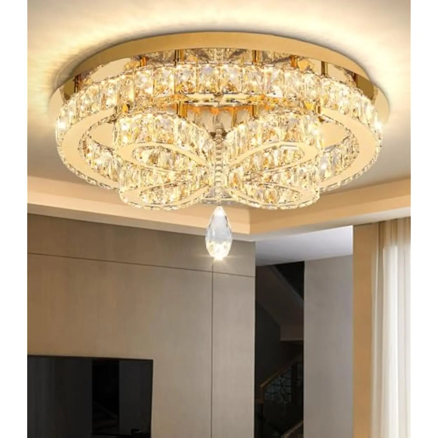 

Modern Crystal Chandelier Led Dimmable Flush Mount Ceiling Light Pendant Light for Living Room Bedroom Dining Room