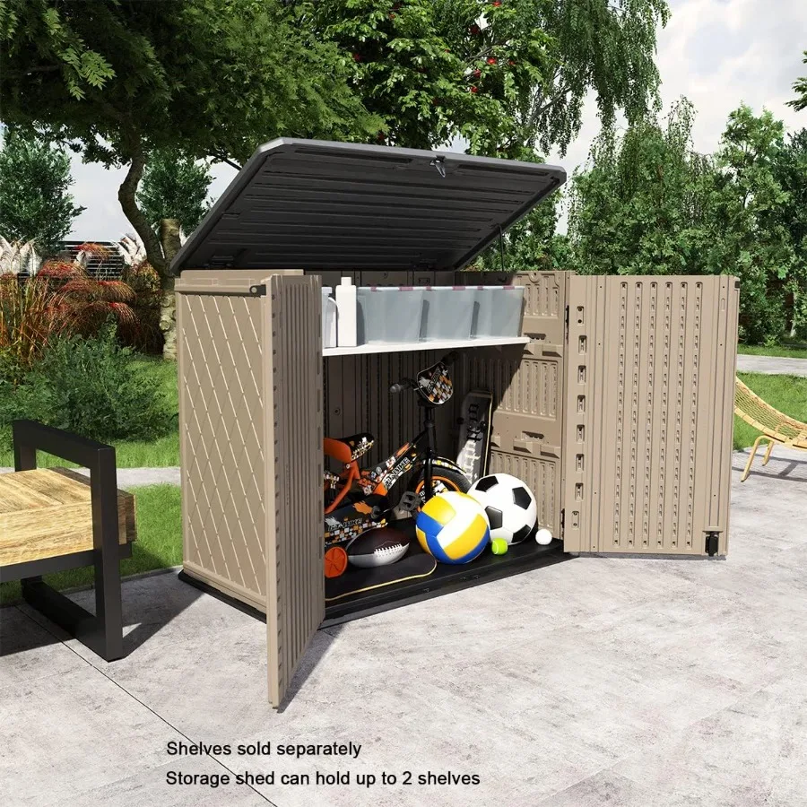 Outdoor Storage Shed - Horizontal Waterproof Storage Box for Garden, Patios, Backyards; Brown; 26 Cu Ft, Multi-Opening Door for