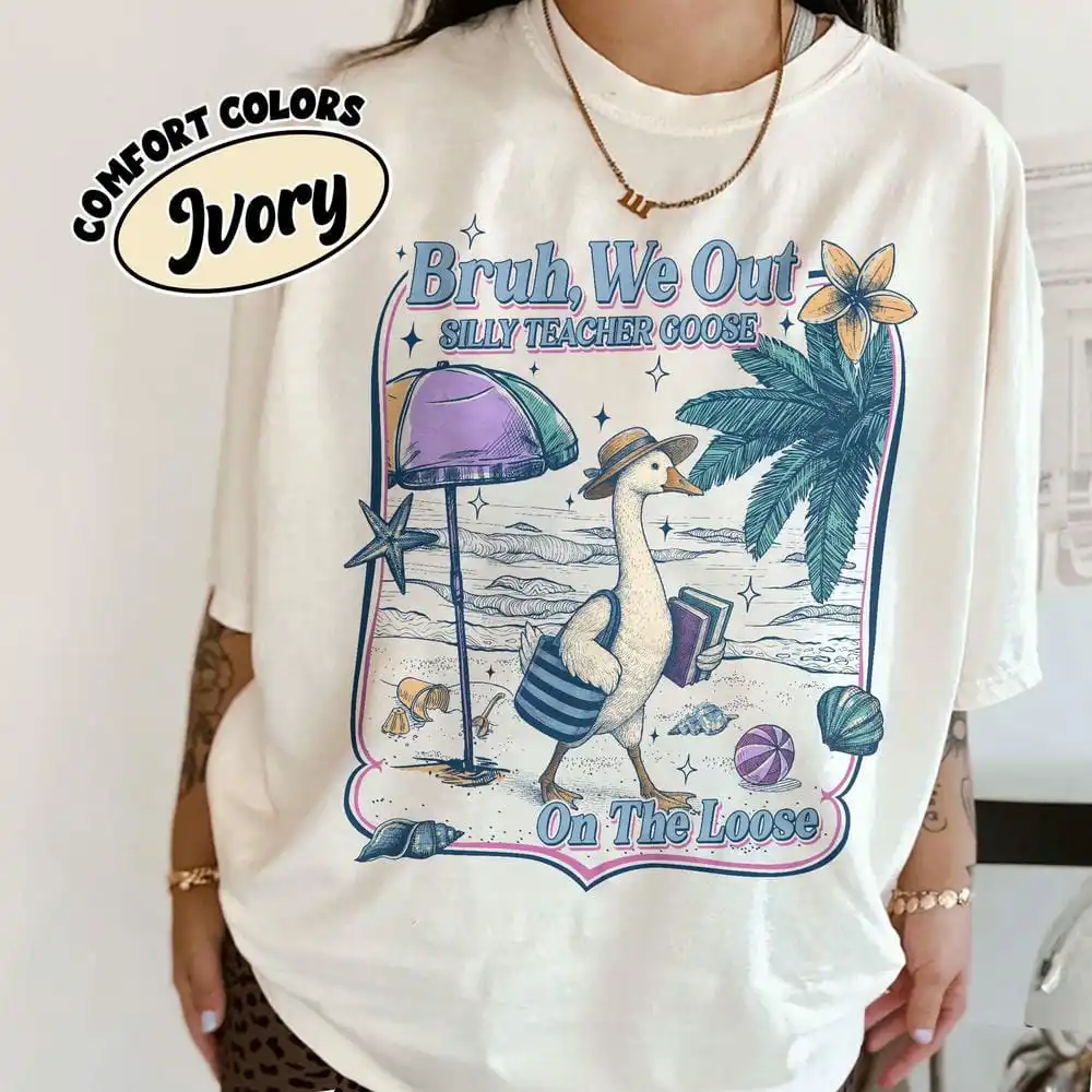 تي شيرت نسائي كاجوال من Bruh We Out Teacher للجنسين هدية للمعلم الخيال أوزة مضحكة على ملابس الصيف الفضفاضة كتاب تي شيرت ملابس الشارع #2