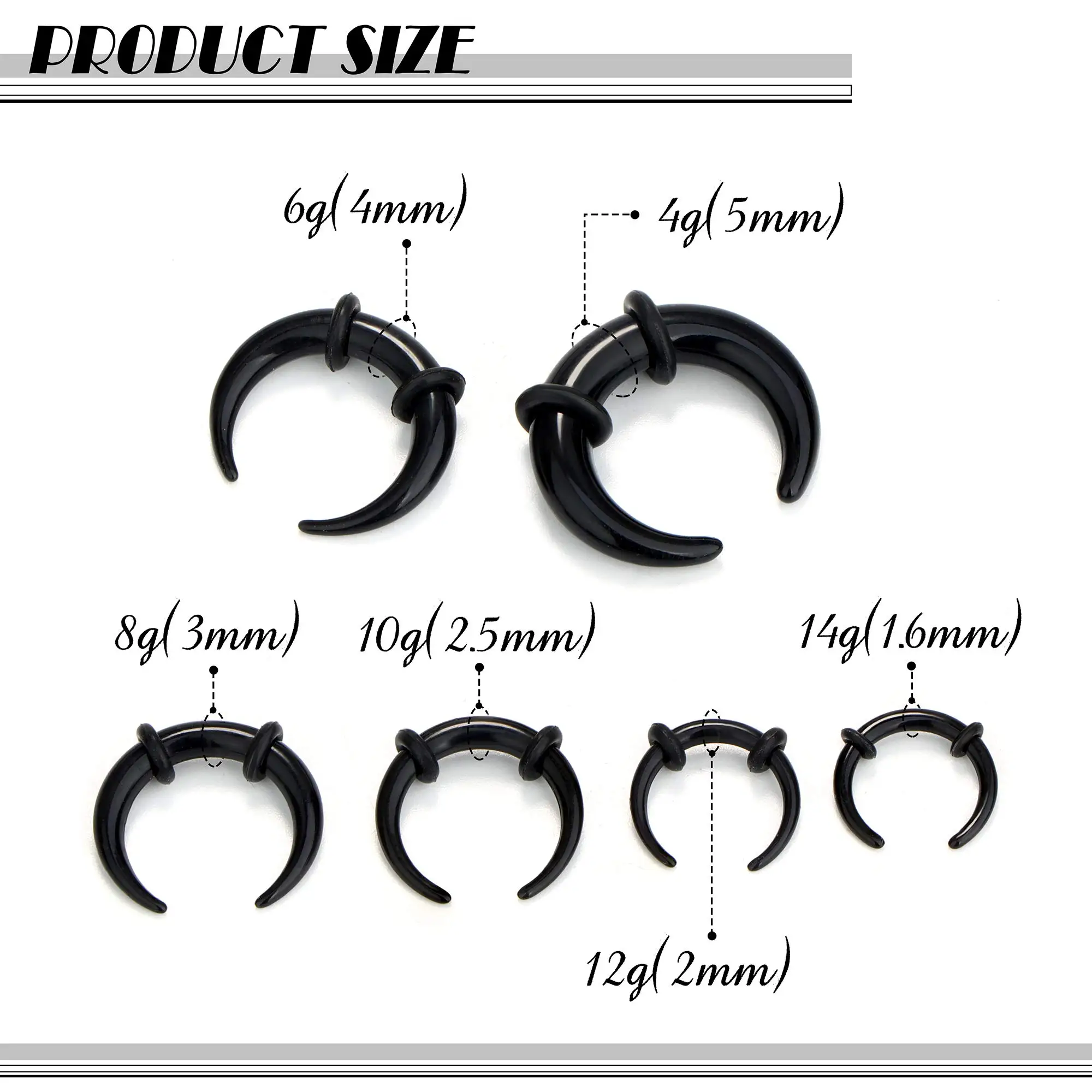 18Pcs 14G-4G Acrylic Pincher Tapers Septum Ring C Shape Buffalo Stretcher Expander with O-Rings Stretching Pierced Nose Ear