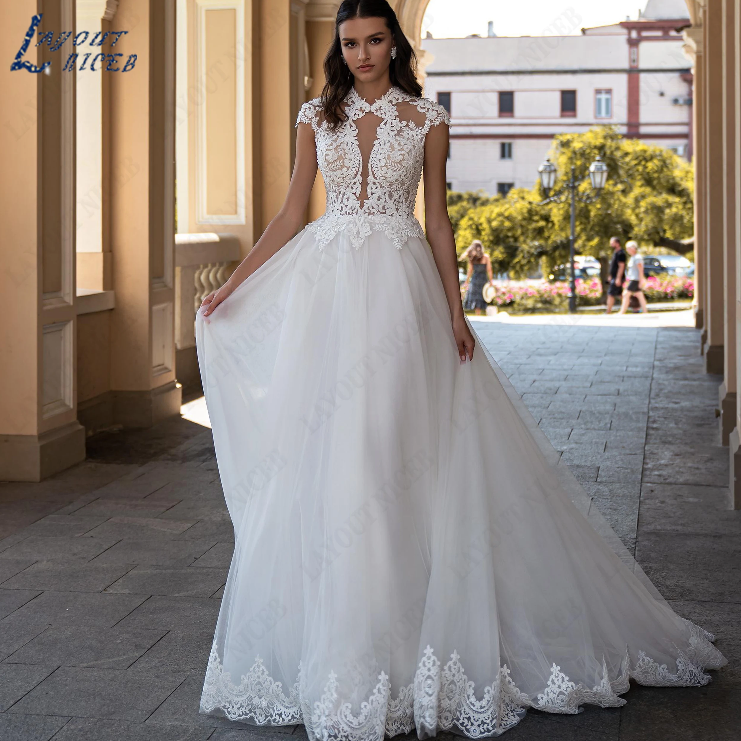 LAYOUT NICEB Customized Cap Sleeve High Neck A-Line Bridal Gown Beaded Lace Applique Tulle Wedding Dress For Vintage Marriage