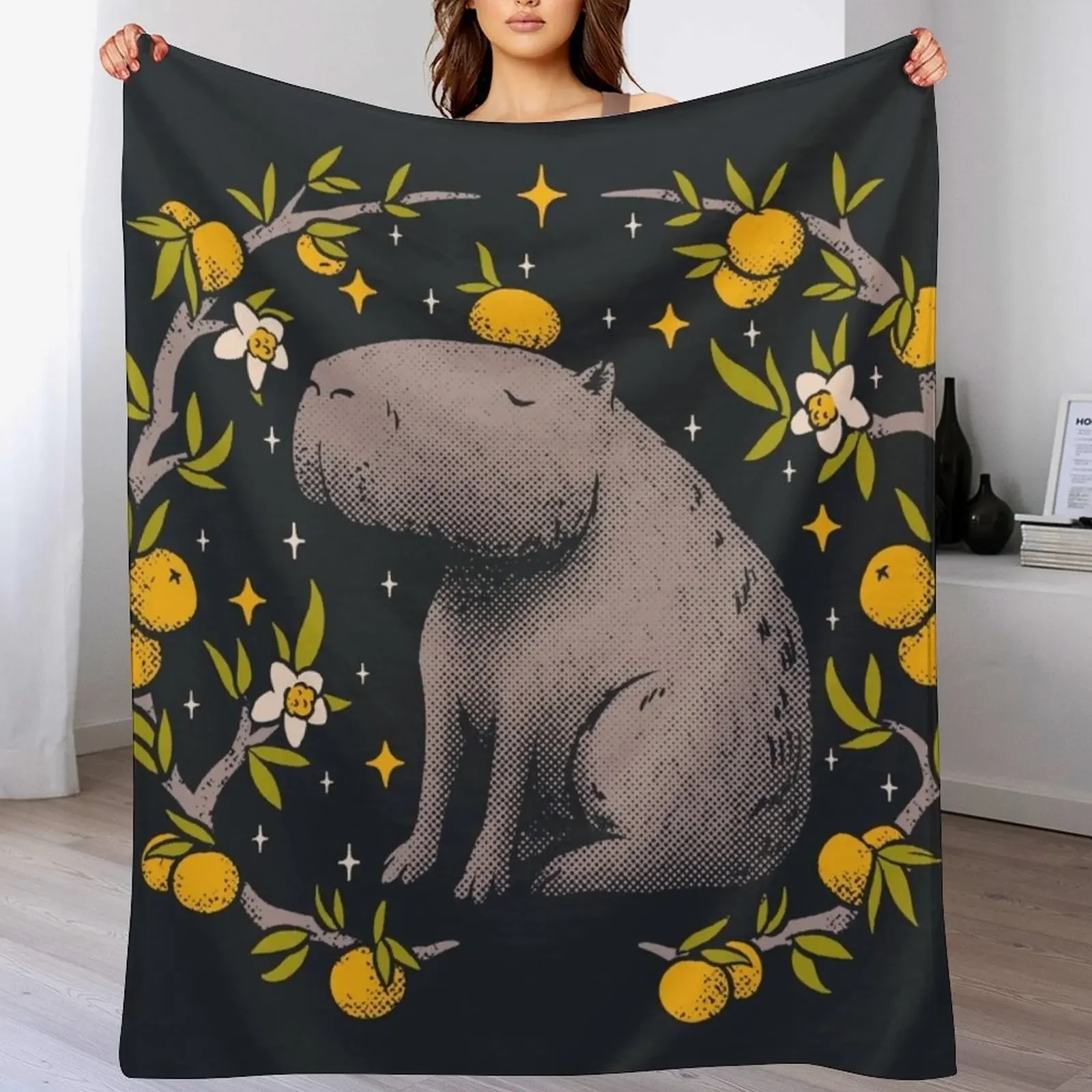 Capybara Cottagecore Aesthetic Chilling With Orange on Head | Goblincore Capy Yuzu Citrus Fruit Blossom Flowers Me Throw Blanket