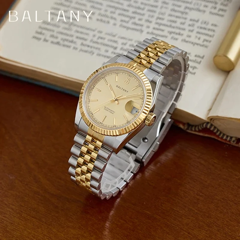 2025 New Baltany 36mm Retro Men's Automatic Mechanical Gold Wristwatch NH35 S4084 Stainless Steel Sapphire 10Bar reloj hombre