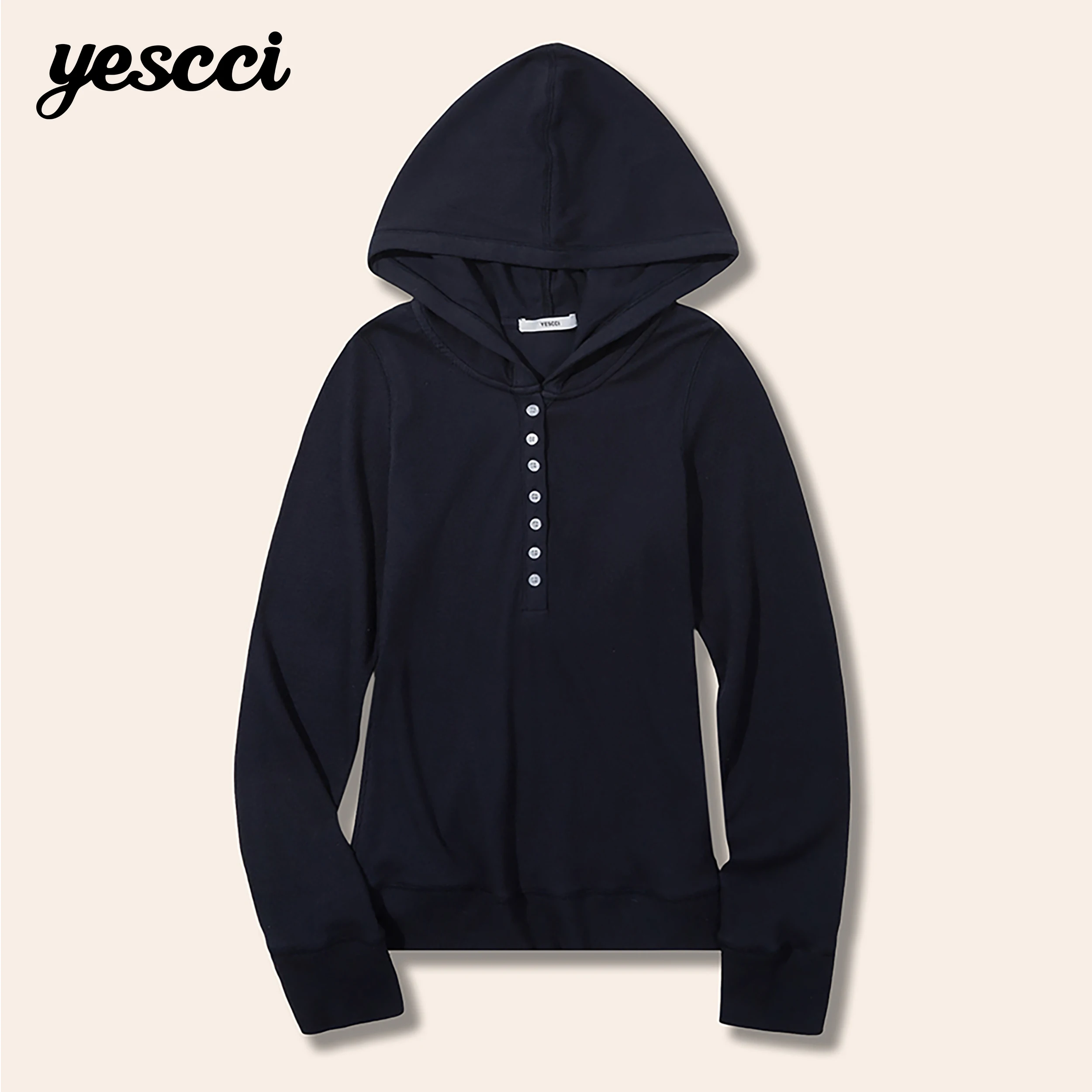 YESCCI Hooded Long Sleeve T-Shirt 2026 Autumn New Button Placket Casual Women's T-shirt Cotton Blend Stretch Slim Tee S56112158