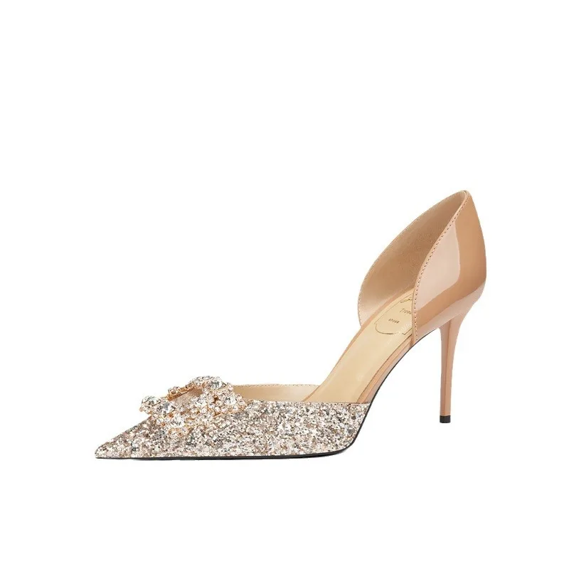 

Французские полые туфли, темпераментные свадебные туфли с блестками, свадебные туфли на высоком каблуке со стразами и квадратной пряжкой, остроконечные туфли для подружек невесты