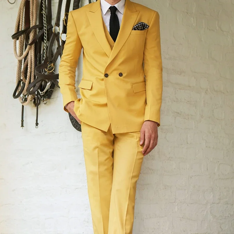 

Yellow Double Breasted Elegant Men Suits Casual Peak Lapel Slim Fit Blazers Hombre High Quality Custom 3 Piece Jacket Vest Pant