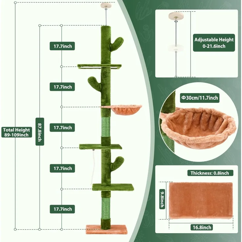 Cat Tower with Cozy Hammock, 5-Tier Floor to Ceiling Cactus Cat Tree, 89-109 Inch Adjustable Height, Green