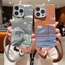Lanyard Case For iPhone 17 16 15 Pro Max 14 Plus 13 12 Pro Max 11 Landscape Pattern Leather Texture Soft TPU Rope Phone Cover