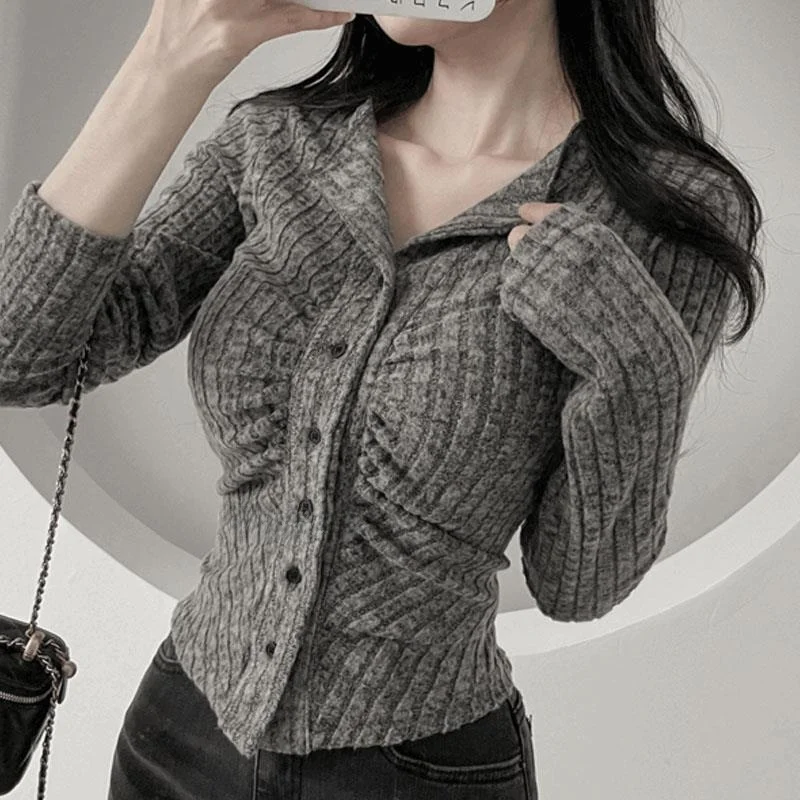 

Carbon Color Knitted Slim Fit Open Cardigan with Fold MS126 Commute Style Korean Version V-Neck Long Sleeve Regular Length