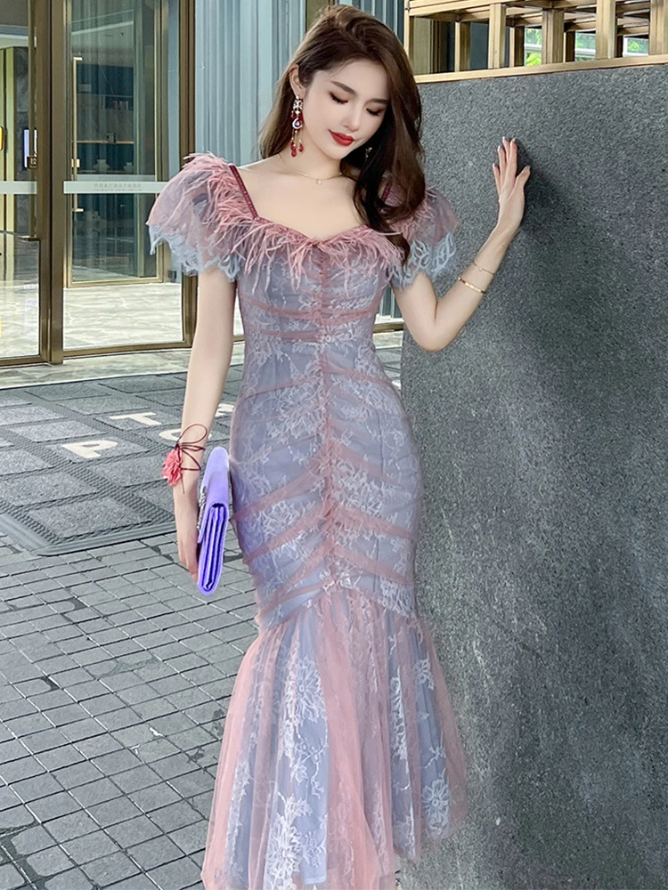 

Birthday Party Dress Women's Celebrity Sheer Mesh Lace Embroidery Bubble Sleeve Folds Wrap Hip Fishtail Robe Host Runway Vestido