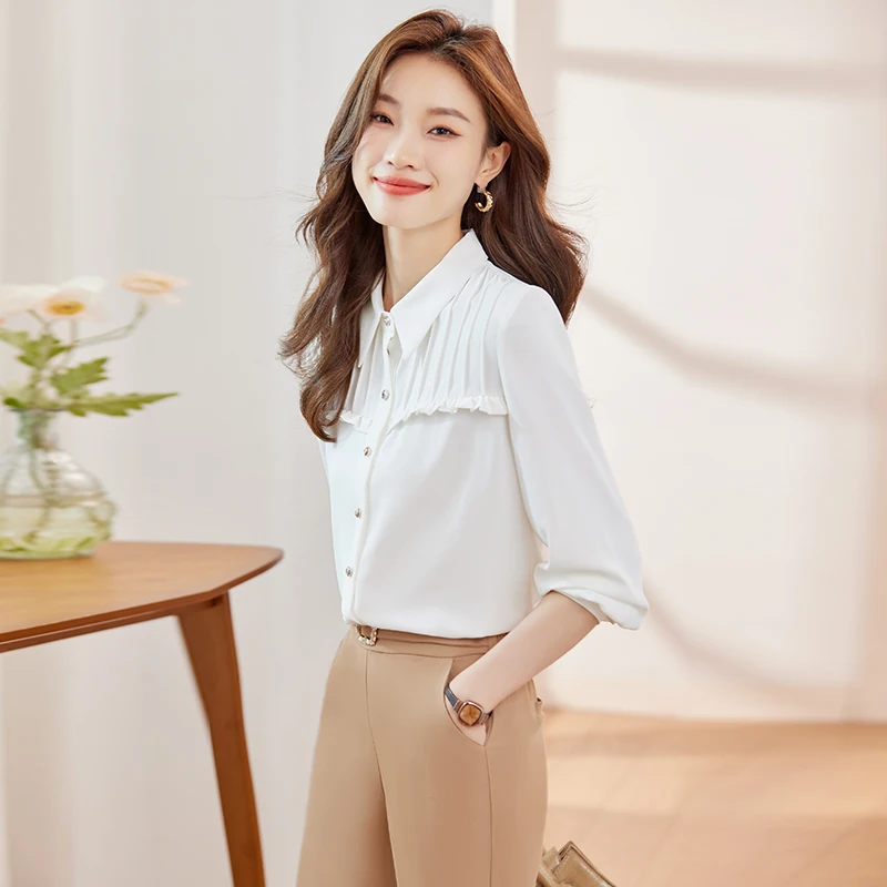 NAVIU Green Shirt Women New Autumn Fashion Temperament Professional Formal Chiffon Blouses Office Lady Wrok Tops White