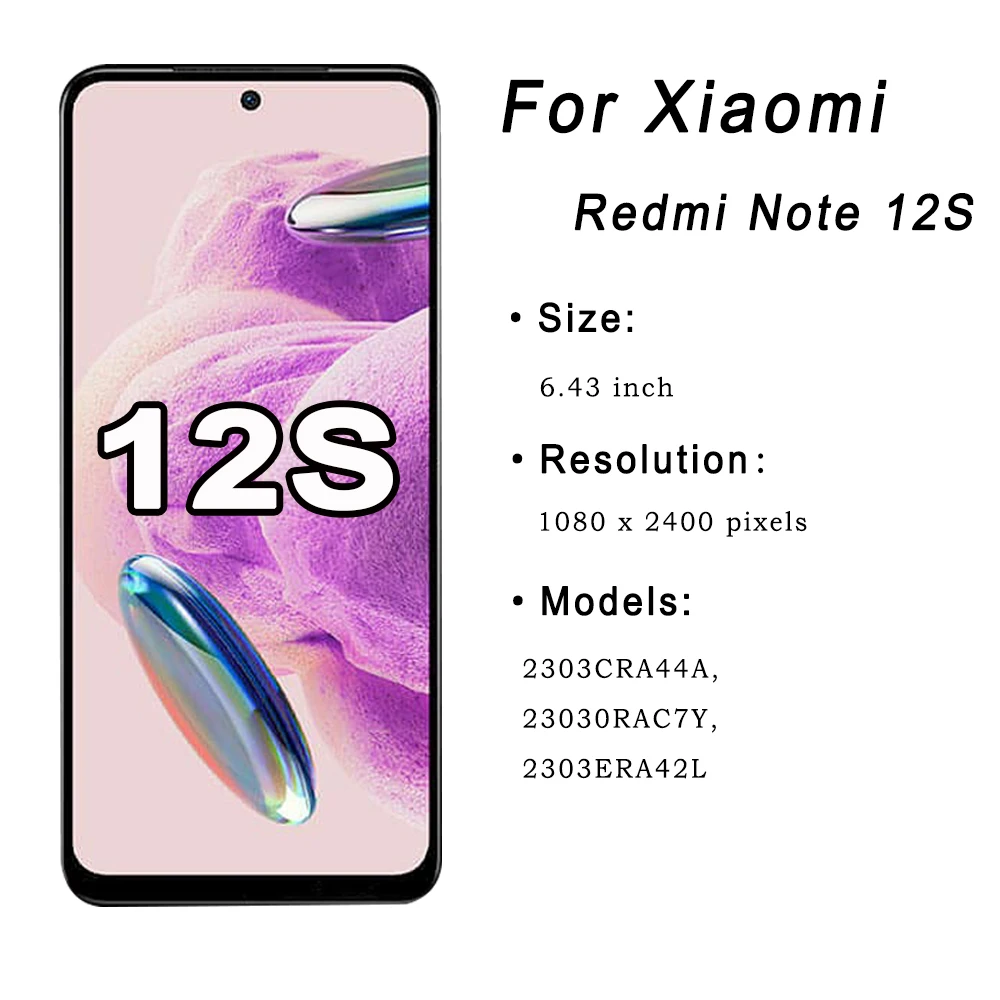 NEW AMOLED For Xiaomi Redmi Note 12S LCD 2303CRA44A Display Touch Screen Digitizer Assembly Replacement Parts For Redmi Note 12S