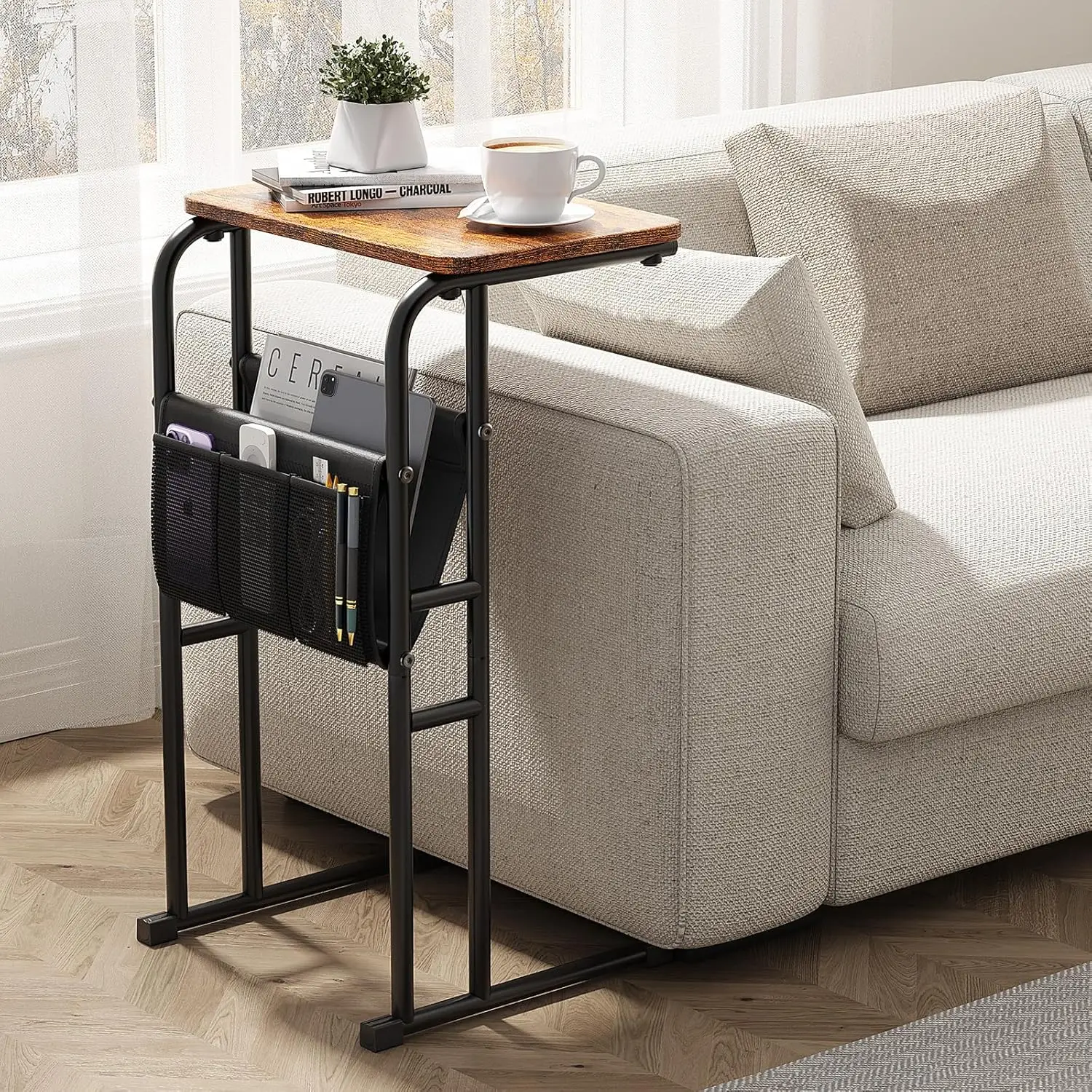 

C Shaped End Table with Storage Bag Small Couch Side Table with Metal Frame Sofa Table TV Tray for Living Room Bedroom & Office
