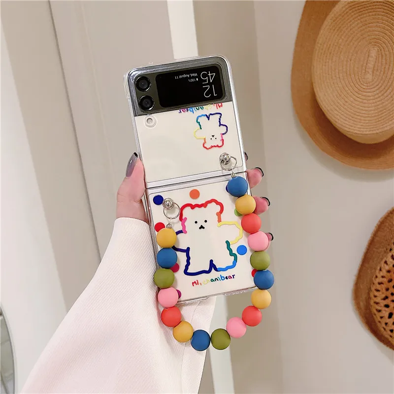 Phone Cases For Samsung Galaxy Z Flip 4 3 5G Cute Cartoon Bracelet Holder Clear Hard PC Back Cover For Samsung Z Flip 1 2 Case