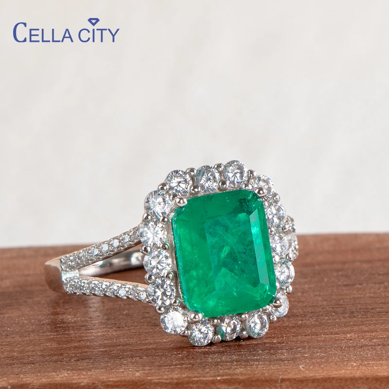 Cellacity Luxury  sterling silver ring for charm lady with green emerald gemstones wedding fine Jewelry gift size 6-10