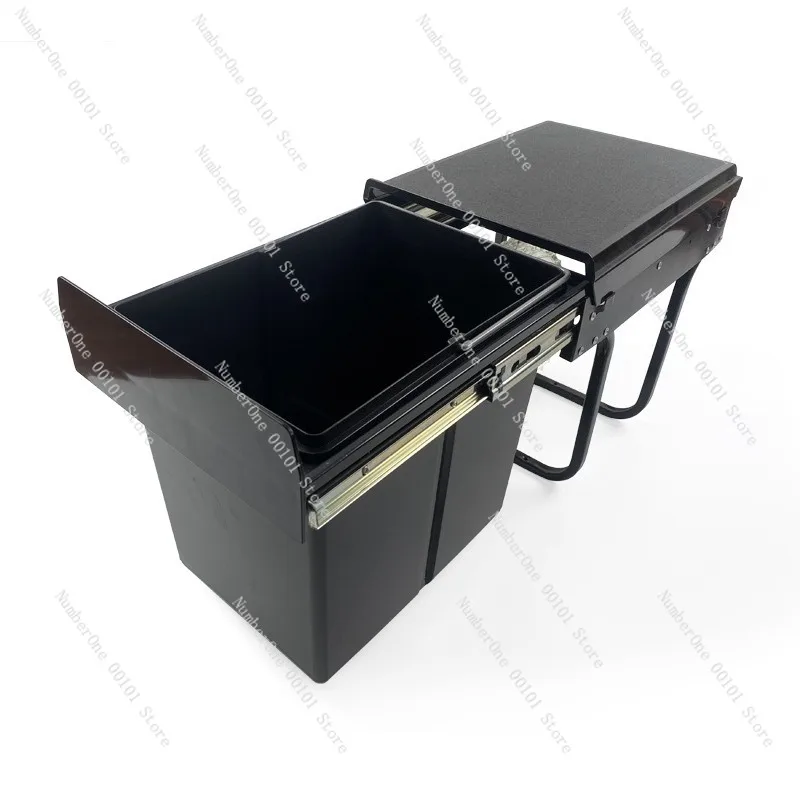 Built In Cabinet Trash Can Kitchen Hidden Pull Out Waste Bin Single 15L Cleaning Bucket Telescopic Sliding Rail with Lid Under