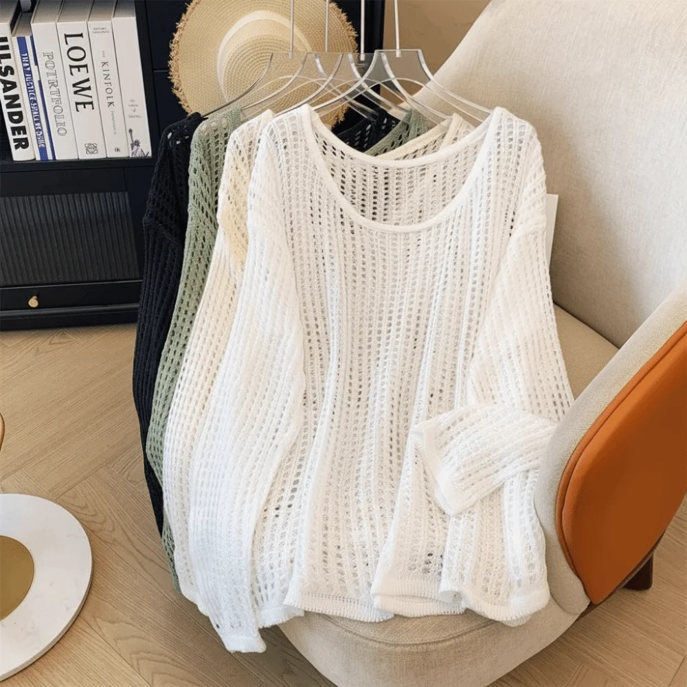 

Fashion Hollow Out Long Sleeved Top Solid Color Knitted Round Neck Pullover Loose Versatile Sun Protection Blouse Summer