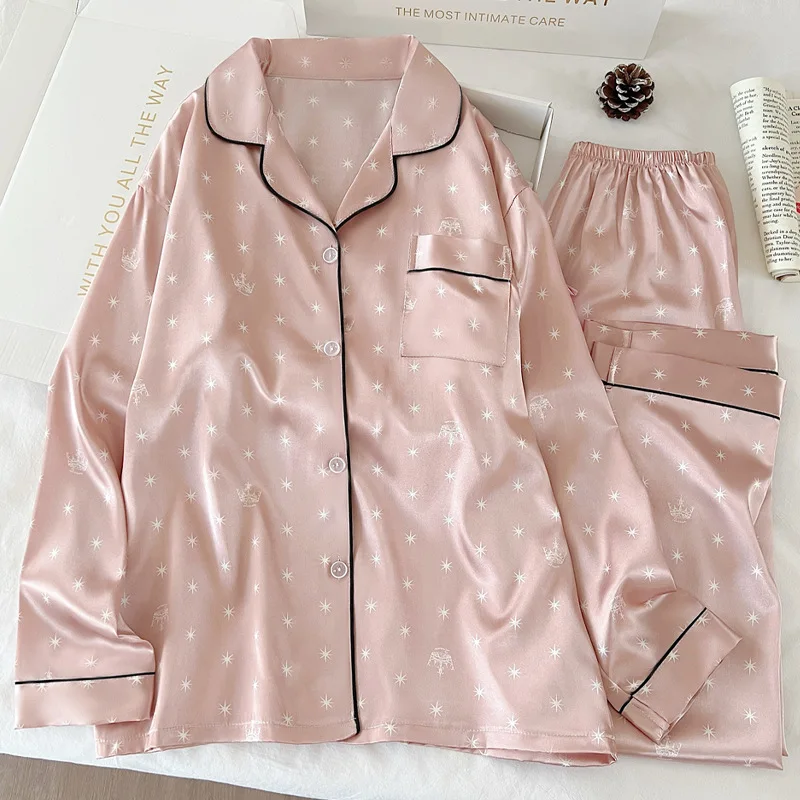 Japanese-Style Sweet Girl Star Print Ice Silk Pyjamas for Women - Spring/Autumn Season Long-Sleeved Top and Trousers Homewear