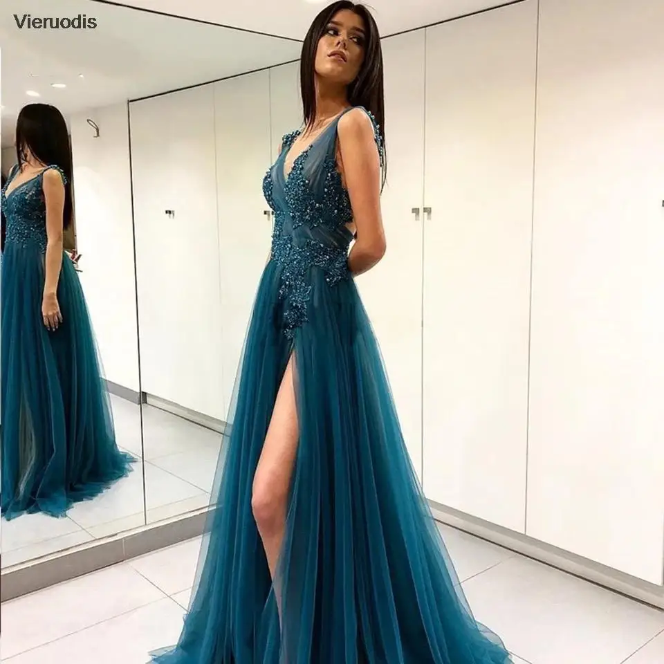 

Tulle Evening Dresses 2022 Sexy Side Slit A-Line V-Neck Appliques Beads Pleat Formal Party Prom Gown For Women Floor Length