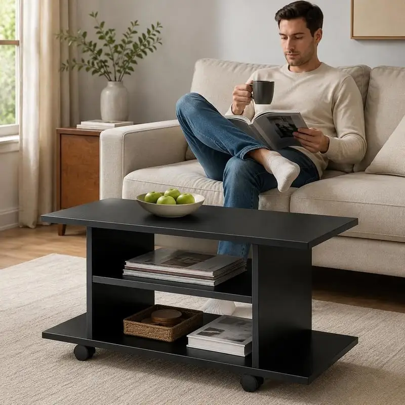 TV-Ständer mit Rollen, TV-Bank aus Holz mit Ablagen, TV-Halterung für Fernseher bis 42 Zoll, modernes Design für Wohnzimmer, Schlafzimmer und Büro, 80 x 40 x 40 cm, schwarz. Er schafft eine