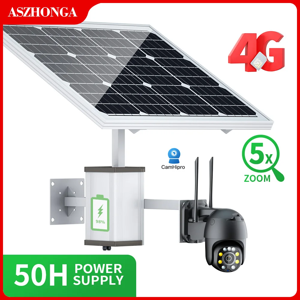 ASZHONGA Solar Power Panel 4G SIM Security IP Camera HD PTZ 40W CCTV 5MP 5X Optical ZOOM Outdoor Surveillance Cam CamHi APP